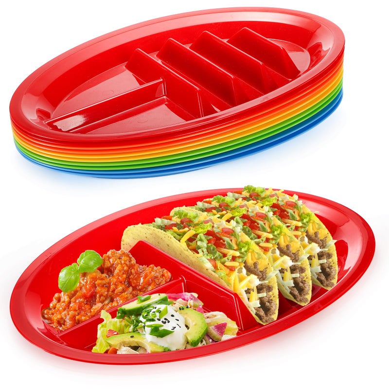 Bekith 10 Pack Plastic Taco Plates for Party, Large Taco Holder with 2 Dipping Areas, Colorful Taco Trays for Taco Night, Taco Tuesday, Stand Up Divider for 3 Tacos, BPA Free, Dishwasher Safe - Image 1