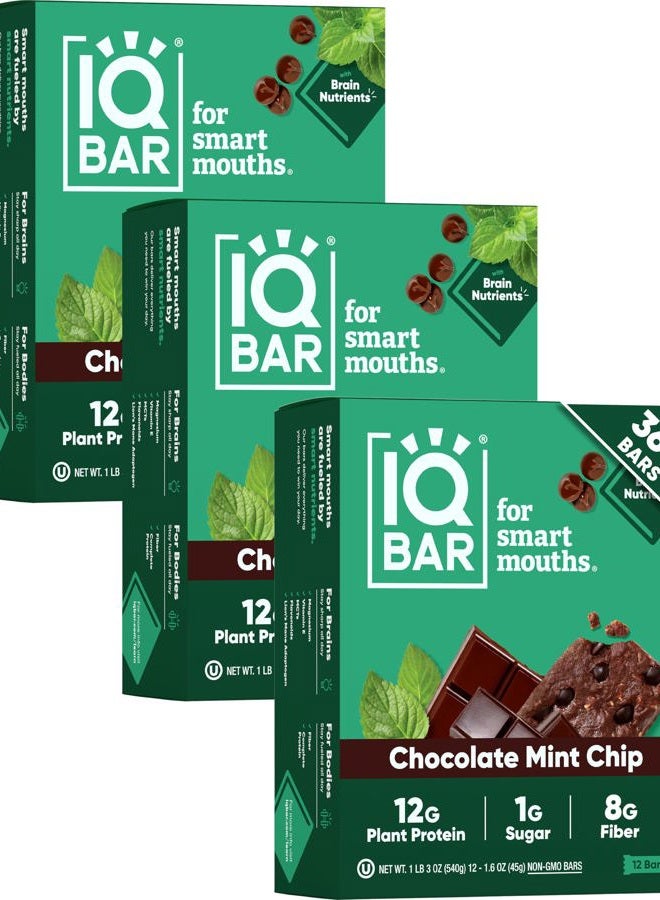 IQBAR Brain and Body Keto Protein Bars - Chocolate Mint Chip - 36-Count Energy Bars - Low Carb/Sugar - High Fiber Meal Replacement Bars - Vegan Snacks