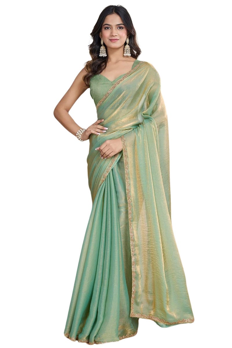 SGF11 Women's Tissue Pure Soft Silk Saree With Unstitched Blouse Piece (Sea Green) - Image 1
