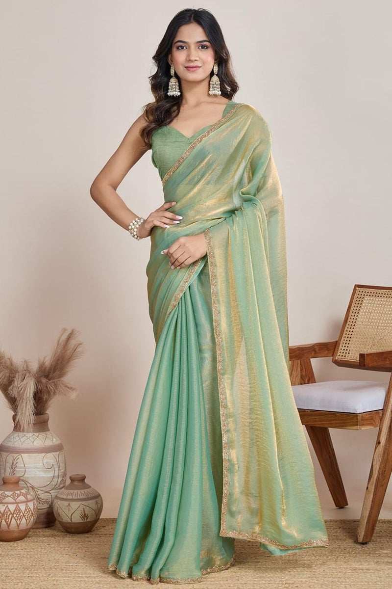 SGF11 Women's Tissue Pure Soft Silk Saree With Unstitched Blouse Piece (Sea Green) - Image 2