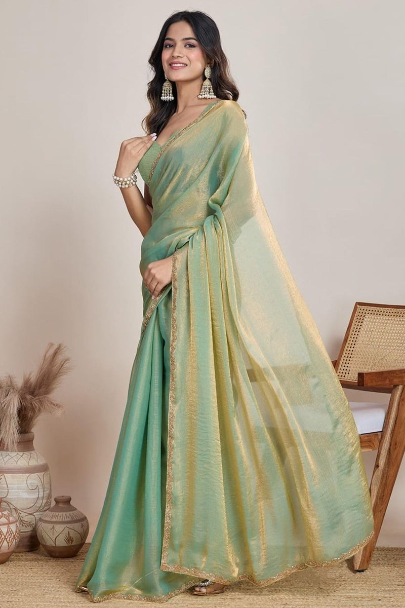 SGF11 Women's Tissue Pure Soft Silk Saree With Unstitched Blouse Piece (Sea Green) - Image 4