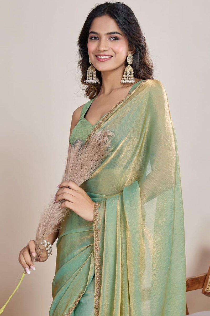 SGF11 Women's Tissue Pure Soft Silk Saree With Unstitched Blouse Piece (Sea Green) - Image 3