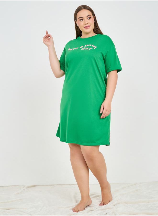 Styli - Contrast Slogan Print Drop Shoulder Sleep T-Shirt Dress - Image 1
