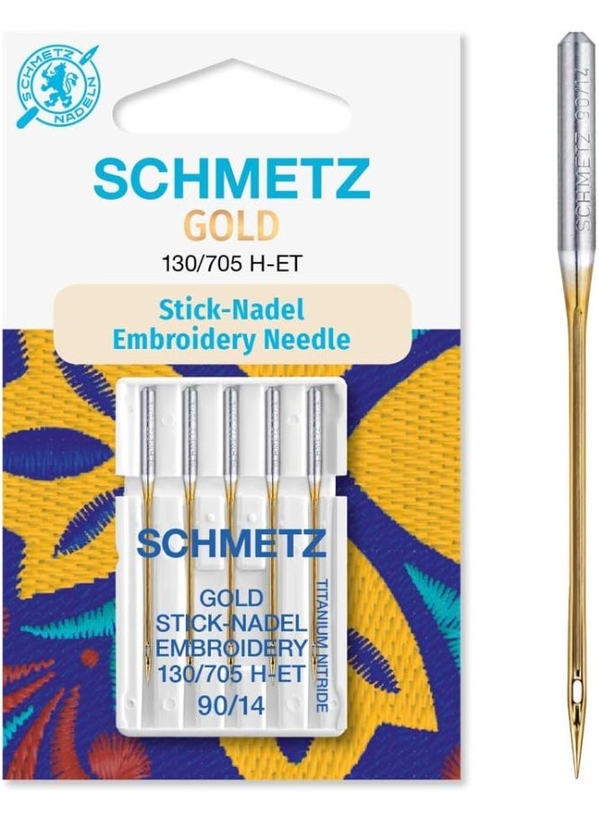 Schmetz SCHMETZ Gold Embroidery Sewing Machine Needles - Titanium Coated for Smooth Stitching, Size 90/14, 5-Needle Cards, Pack of 1 