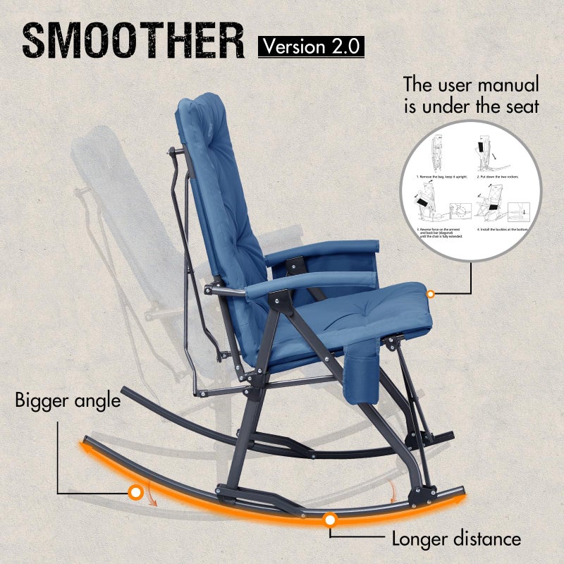 Portal Folding Rocking Camping Chair Outdoor, Thick Padded Rocking Recliner Chair Portable Camping Rocker for Patio Front Porch Backyard Lawn Living Room, Supports 400 LBS, Blue - Image 5