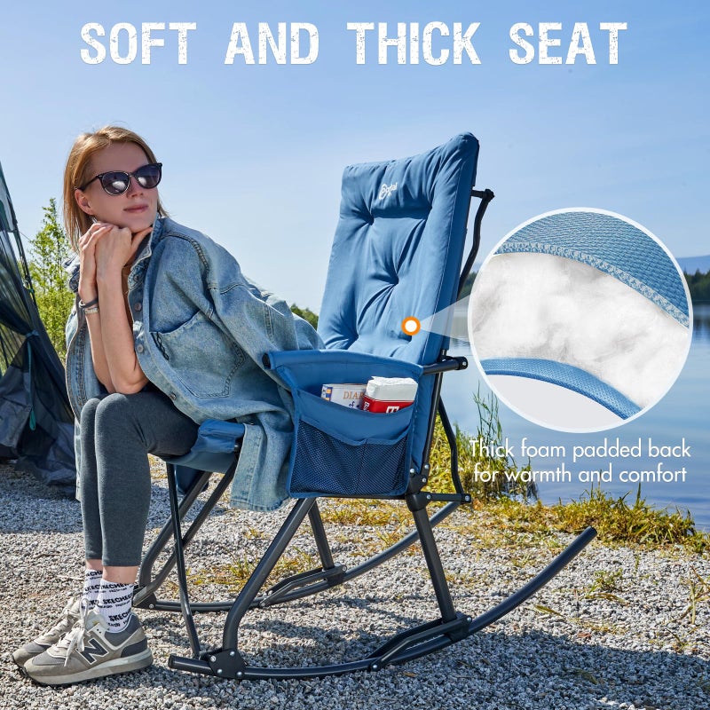 Portal Folding Rocking Camping Chair Outdoor, Thick Padded Rocking Recliner Chair Portable Camping Rocker for Patio Front Porch Backyard Lawn Living Room, Supports 400 LBS, Blue - Image 4