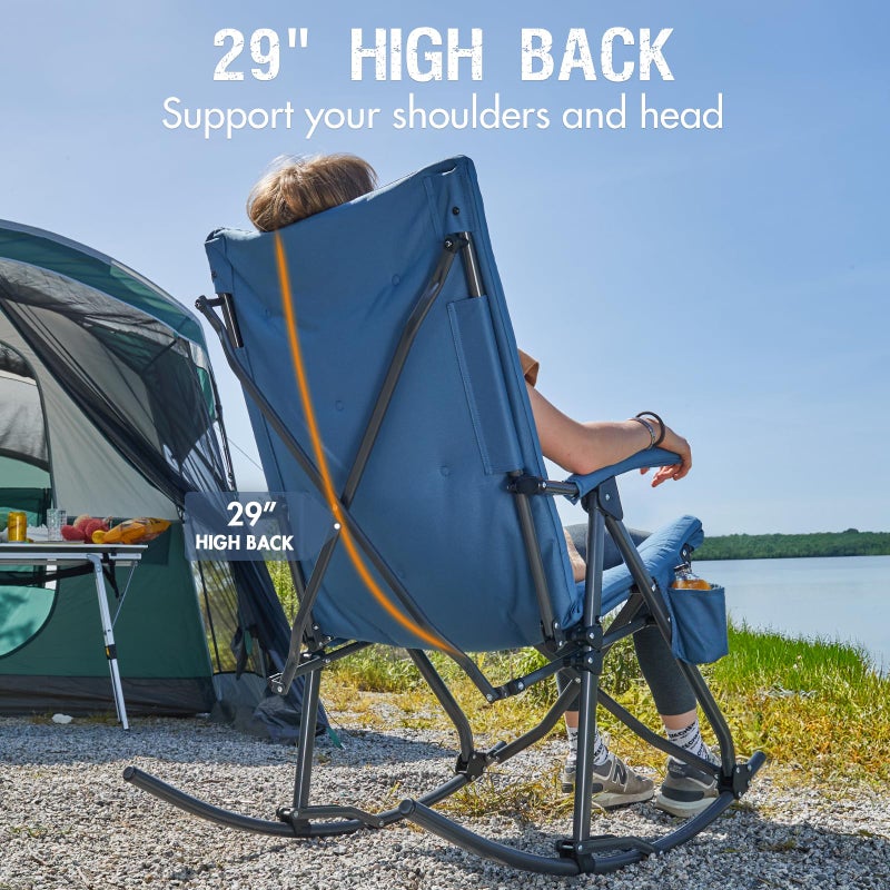 Portal Folding Rocking Camping Chair Outdoor, Thick Padded Rocking Recliner Chair Portable Camping Rocker for Patio Front Porch Backyard Lawn Living Room, Supports 400 LBS, Blue - Image 3
