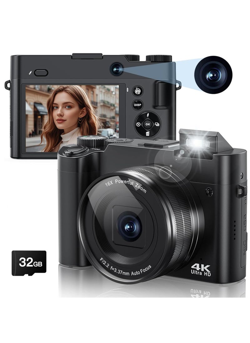 Hicomony 4K Digital Camera for Photography, 32GB TF Card, 64MP Autofocus Vlogging Camera for YouTube with 3'' 180°Flip Screen, 16X Digital Zoom Anti-Shake Compact Travel Camera  - Image 1
