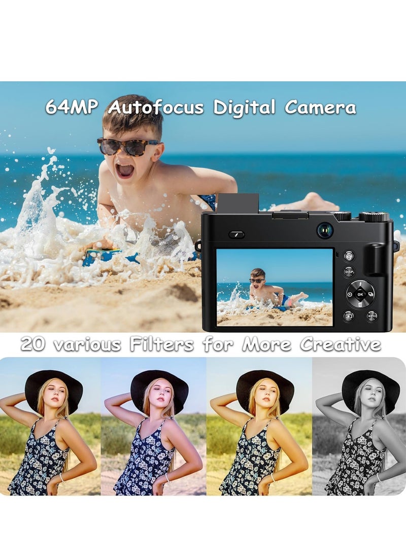 Hicomony 4K Digital Camera for Photography, 32GB TF Card, 64MP Autofocus Vlogging Camera for YouTube with 3'' 180°Flip Screen, 16X Digital Zoom Anti-Shake Compact Travel Camera  - Image 3