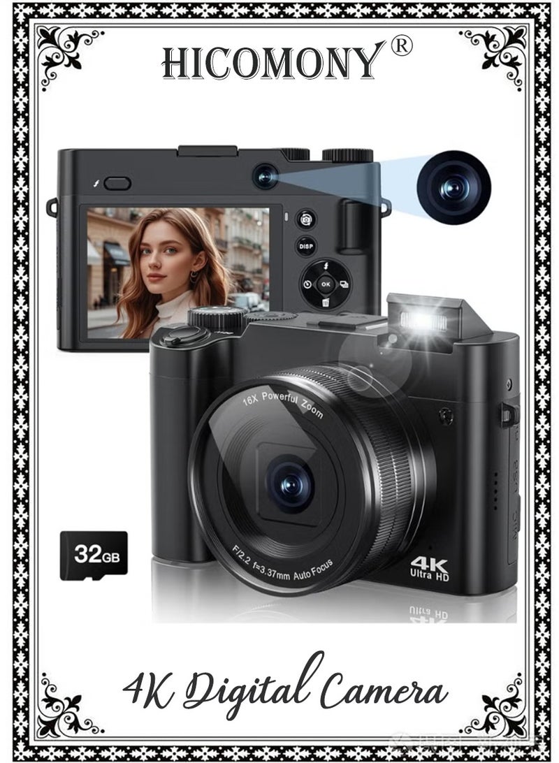 هيكوموني كاميرا رقمية 4K ، بطاقة TF سعة 32 جيجابايت، كاميرا فيديو 64 ميجابكسل بتركيز تلقائي لليوتيوب مع شاشة 3 بوصة 180 درجة، تكبير رقمي 16X، كاميرا سفر صغيرة مضادة للاهتزاز - Image 1