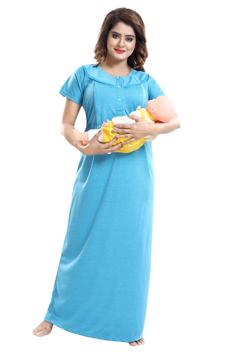 Fabme Women's Cotton Textured Maxi Maternity Night Dress (NW0142_Sea Green_Free Size_Rama, Sea Green_Free Size) - Image 1