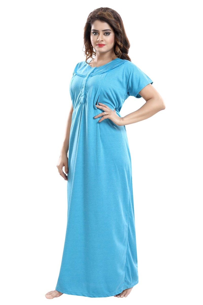 Fabme Women's Cotton Textured Maxi Maternity Night Dress (NW0142_Sea Green_Free Size_Rama, Sea Green_Free Size) - Image 3