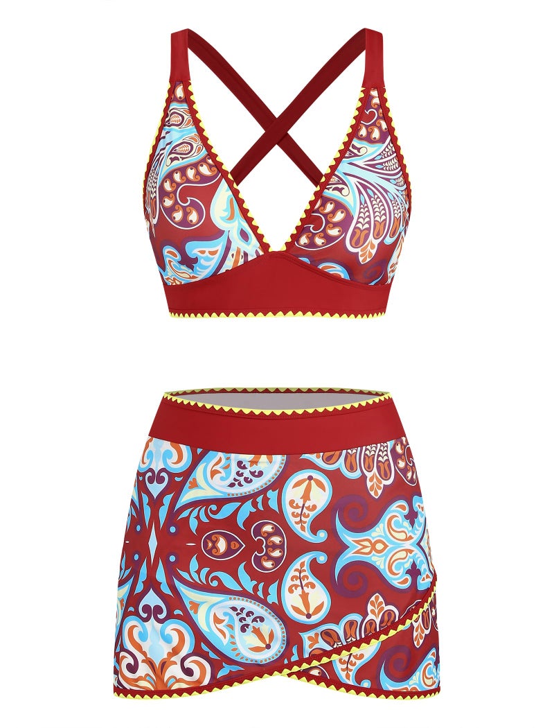 ZAFUL Women's High Waisted Bikini with Skirt Whip Stitch 2 Piece Swimsuits Tummy Control Bathing Suit 0-Boho Red L - Image 5