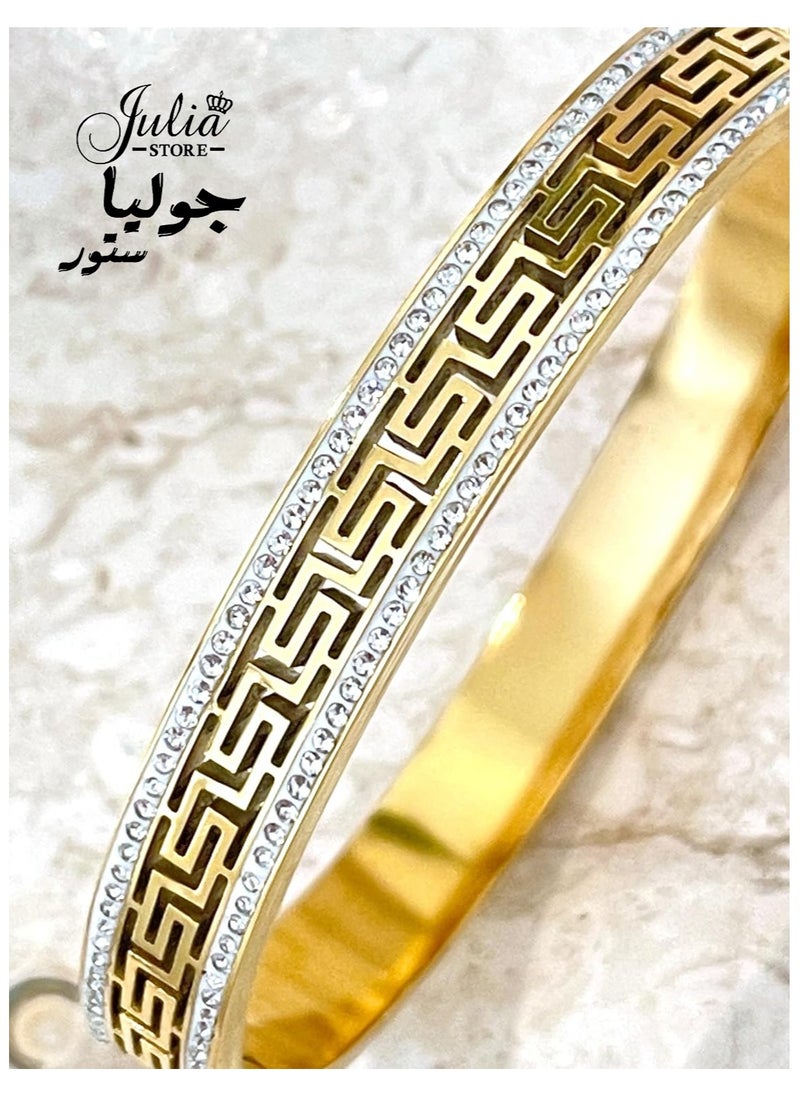 Julia Store 18K Gold Plated Stainless Steel Austrian CZ Handmade Designer Ancient Greek Meander Lifetime Jewelry Greek Key Pattern Aphrodite Bracelet Eternity Infinity Success Bracelets for women  - Image 1