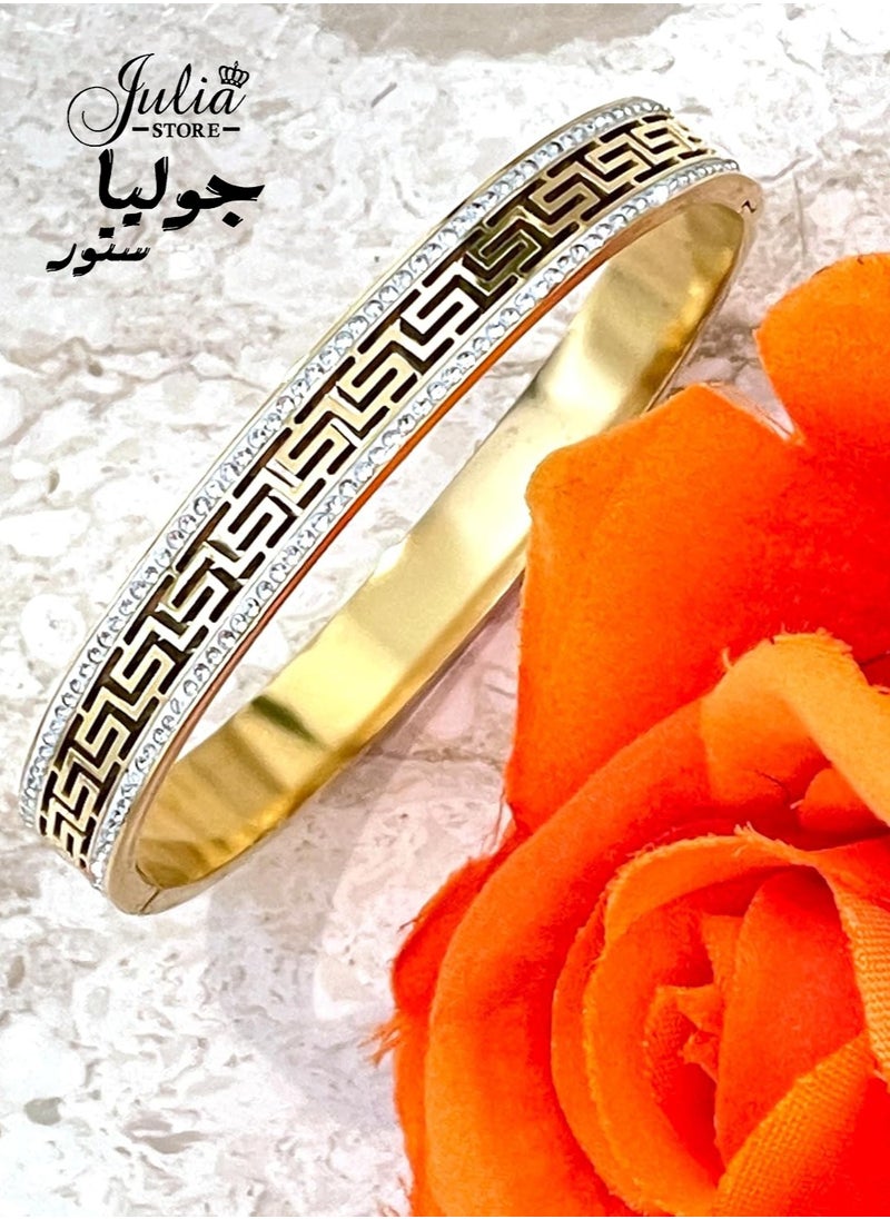 Julia Store 18K Gold Plated Stainless Steel Austrian CZ Handmade Designer Ancient Greek Meander Lifetime Jewelry Greek Key Pattern Aphrodite Bracelet Eternity Infinity Success Bracelets for women  - Image 4