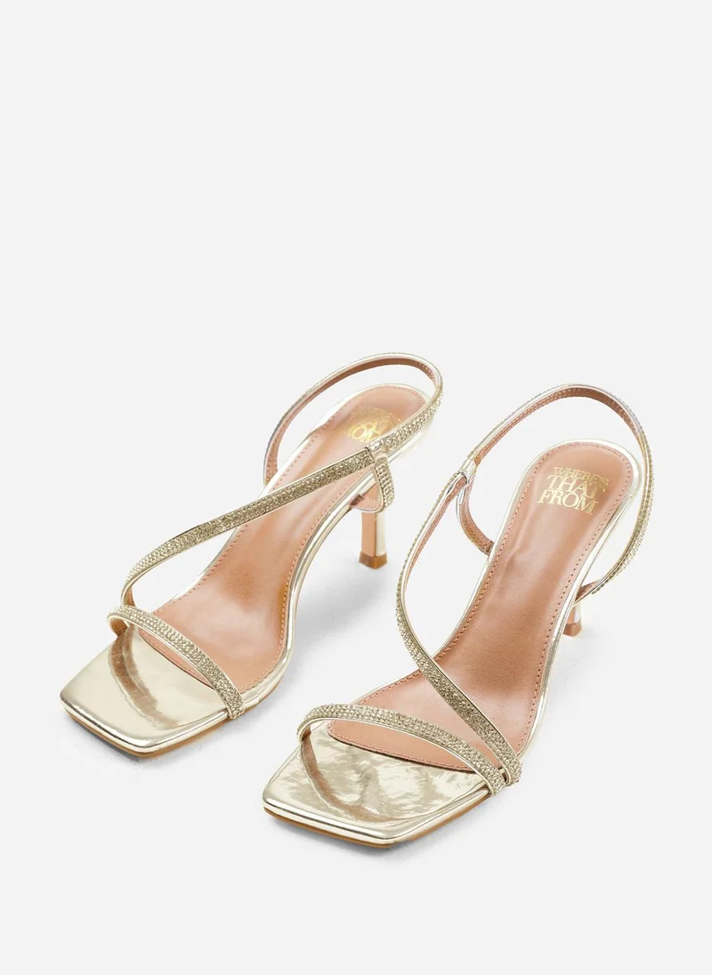 Where's That From Iowa Crystal Cross Foot Strap Mid Heels In Gold Metallic