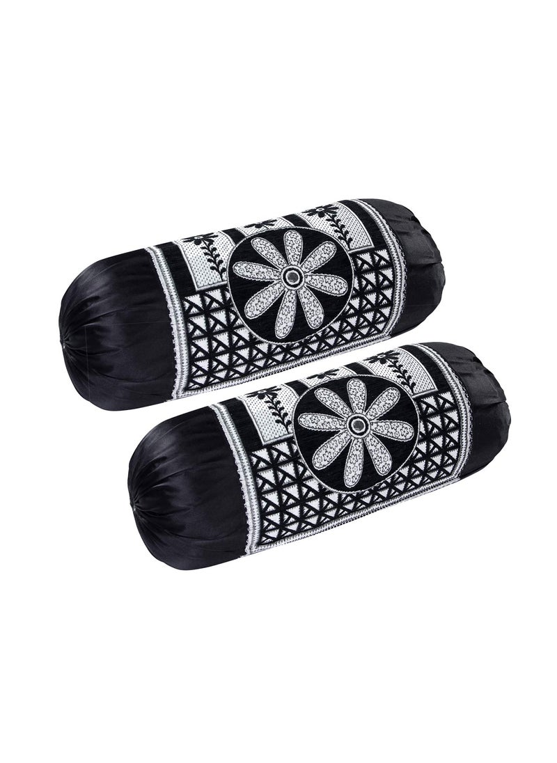 HSR Collection HSR Collection Velvet Chenille Floral Bolster Cover Set Black 32 x 16 inches Standard 2 Piece  - Image 1