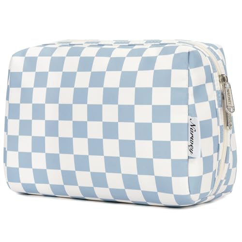 Narwey Checkered Makeup Bag Travel Cosmetic Bag Organizer Toiletry Bag Make Up Bags with Compartments for Women GirlsLarge Sky Blue Checkerboard - Image 1