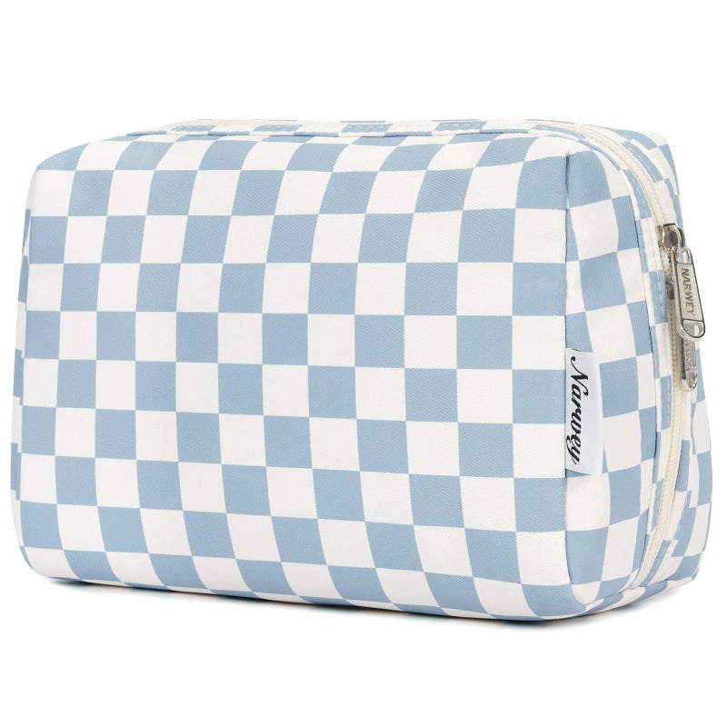 Narwey Checkered Makeup Bag Travel Cosmetic Bag Organizer Toiletry Bag Make Up Bags with Compartments for Women GirlsLarge Sky Blue Checkerboard - Image 3