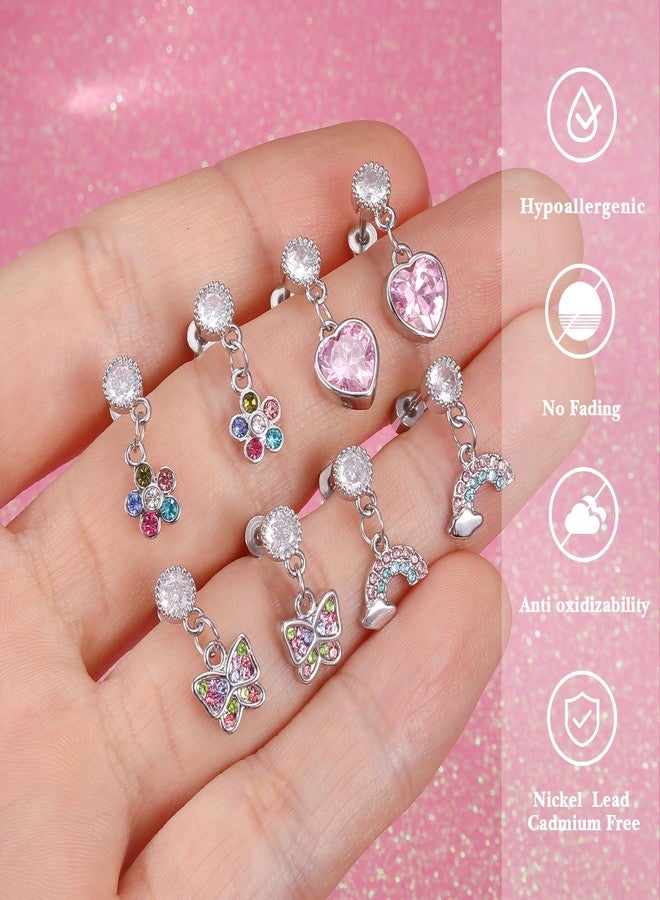 YADOCA 4 Pairs Screw Back Earrings For Girls Women Hypoallergenic 316L Stainless Steel Cute Pink CZ Heart Screwback Dangle Earrings Multicolored Cubic Zirconia Flower Butterfly Rainbow Earrings - Image 2