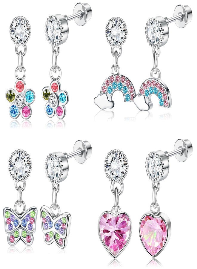 YADOCA 4 Pairs Screw Back Earrings For Girls Women Hypoallergenic 316L Stainless Steel Cute Pink CZ Heart Screwback Dangle Earrings Multicolored Cubic Zirconia Flower Butterfly Rainbow Earrings - Image 1