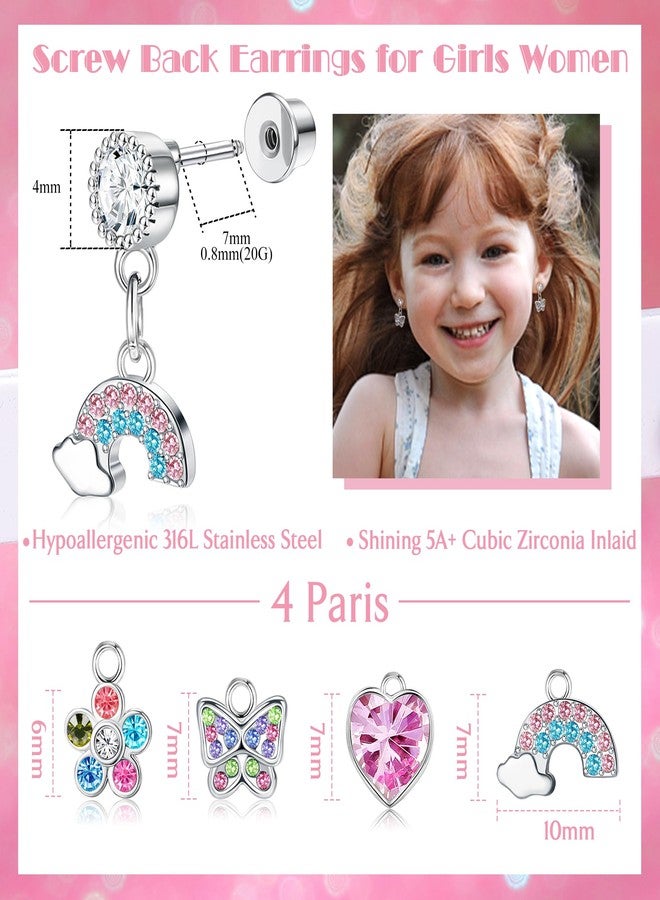 YADOCA 4 Pairs Screw Back Earrings For Girls Women Hypoallergenic 316L Stainless Steel Cute Pink CZ Heart Screwback Dangle Earrings Multicolored Cubic Zirconia Flower Butterfly Rainbow Earrings - Image 3