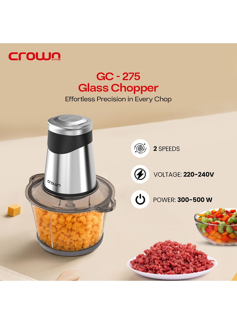 Crownline Electric Food Chopper & Grinder, 500W, 2-Speed with Pulse Function, 1.8L Glass Bowl, 4 Stainless Steel Blades, Multi-Function Mincer for Vegetables & Meat, 220-240V 1.8 L 300 W GC-275 Glass - Image 3