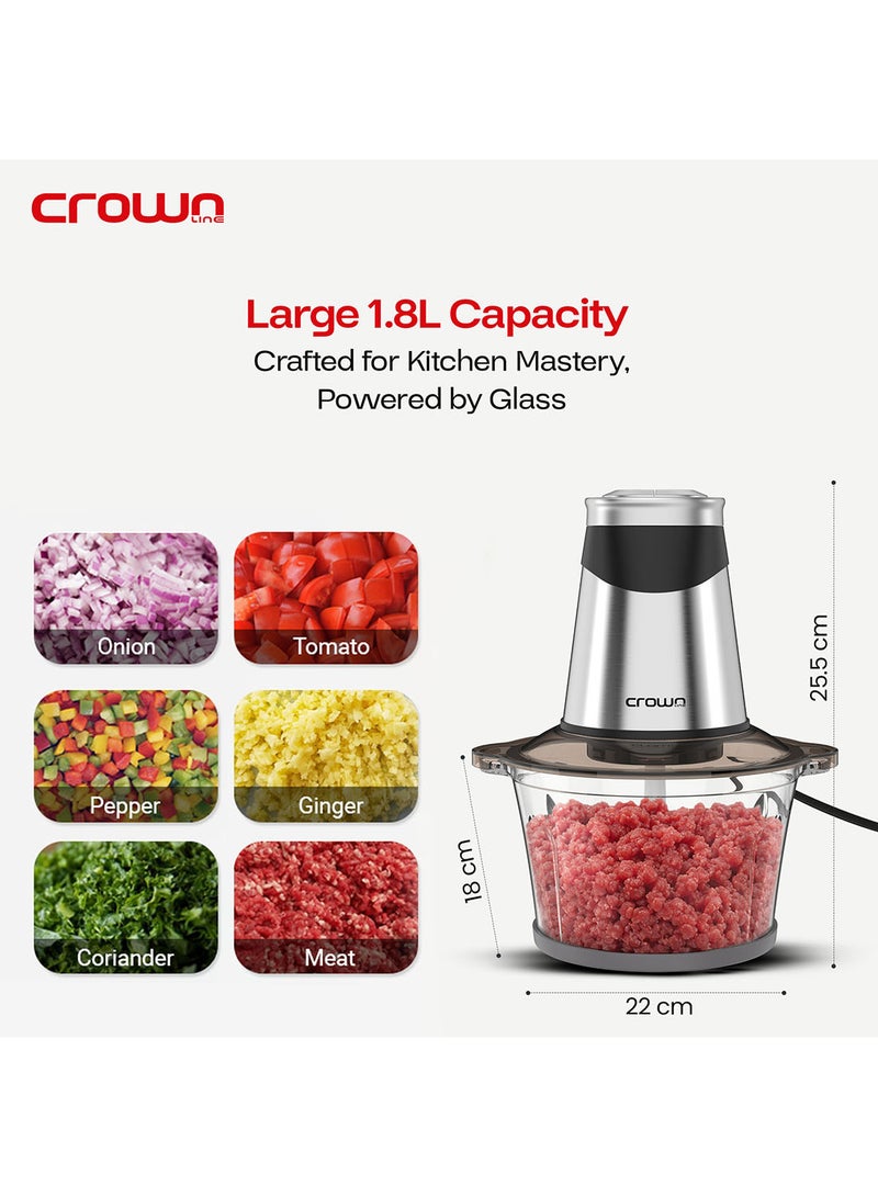 Crownline Electric Food Chopper & Grinder, 500W, 2-Speed with Pulse Function, 1.8L Glass Bowl, 4 Stainless Steel Blades, Multi-Function Mincer for Vegetables & Meat, 220-240V 1.8 L 300 W GC-275 Glass - Image 2