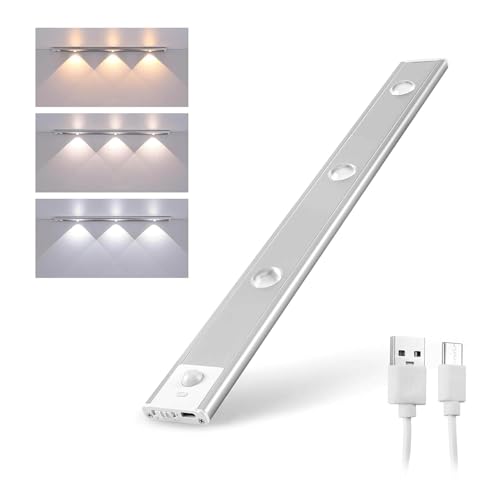 BLERIXA 40 cm Motion Sensor Under Cabinet Light; 1200 mAh USB Rechargeable; 3 Dimmable LED Color Modes (Warm/Neutral/White); Wireless Lamp for Wardrobe, Kitchen, Stairs - Image 1