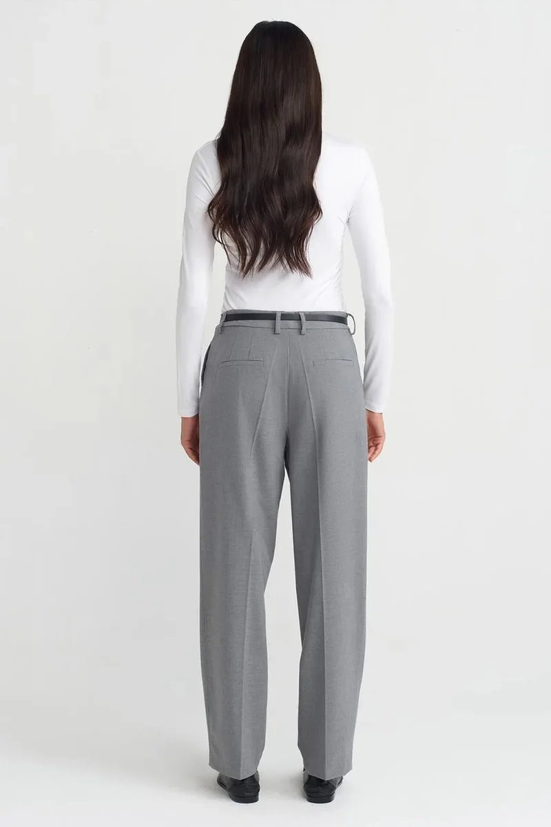 Dilvin Grey DILVIN Belted Straight-Leg Crepe Trousers for Women | Best Price UAE