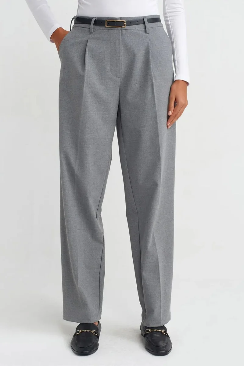 Dilvin Grey DILVIN Belted Straight-Leg Crepe Trousers for Women | Best Price UAE