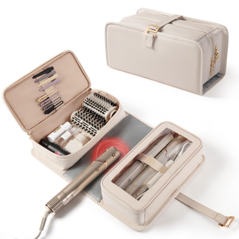 Marscamd Hair Tools Travel Bag with Heat Resistant Mat Compatible with Shark Flexstyle, Hair Tool Organizer for Multi-Stylers and Hair Dryer, Beige - Image 1