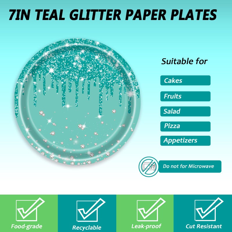 LYFREE 72 Pcs Teal Glitter Paper Plates 7In Disposable Paper Dessert Plates Napkins And Forks Party Tableware Set Happy Birthday Table Decorations For 24 Guests Blue Green Silver Birthday Wedding Theme Party - Image 3