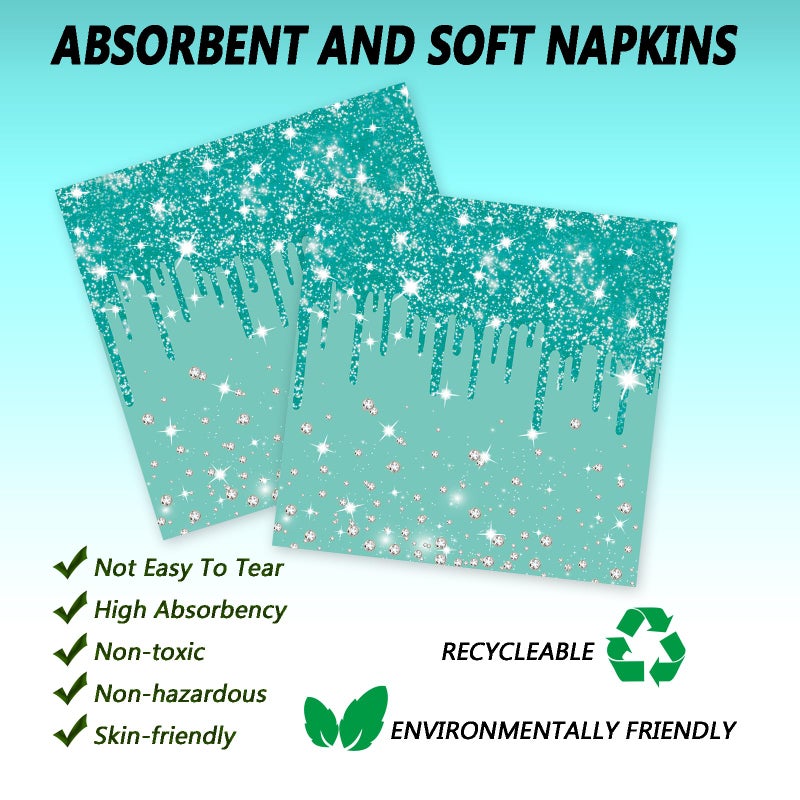 LYFREE 72 Pcs Teal Glitter Paper Plates 7In Disposable Paper Dessert Plates Napkins And Forks Party Tableware Set Happy Birthday Table Decorations For 24 Guests Blue Green Silver Birthday Wedding Theme Party - Image 4