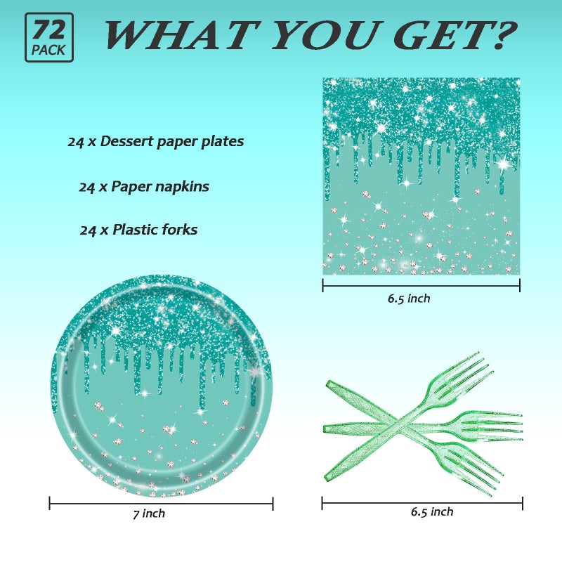 LYFREE 72 Pcs Teal Glitter Paper Plates 7In Disposable Paper Dessert Plates Napkins And Forks Party Tableware Set Happy Birthday Table Decorations For 24 Guests Blue Green Silver Birthday Wedding Theme Party - Image 2