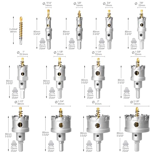 YOSIGHT 16Pcs Upgrade Heavy Duty Carbide Hole Saw Kit - Metal Steel Hole Saw Drill Bits TCT Hole Cutter with 1Pc Center Drill 2Pcs L-Wrench - Hole Saw Set for Metal, Steel, Iron, Alloy, Copper - Image 2