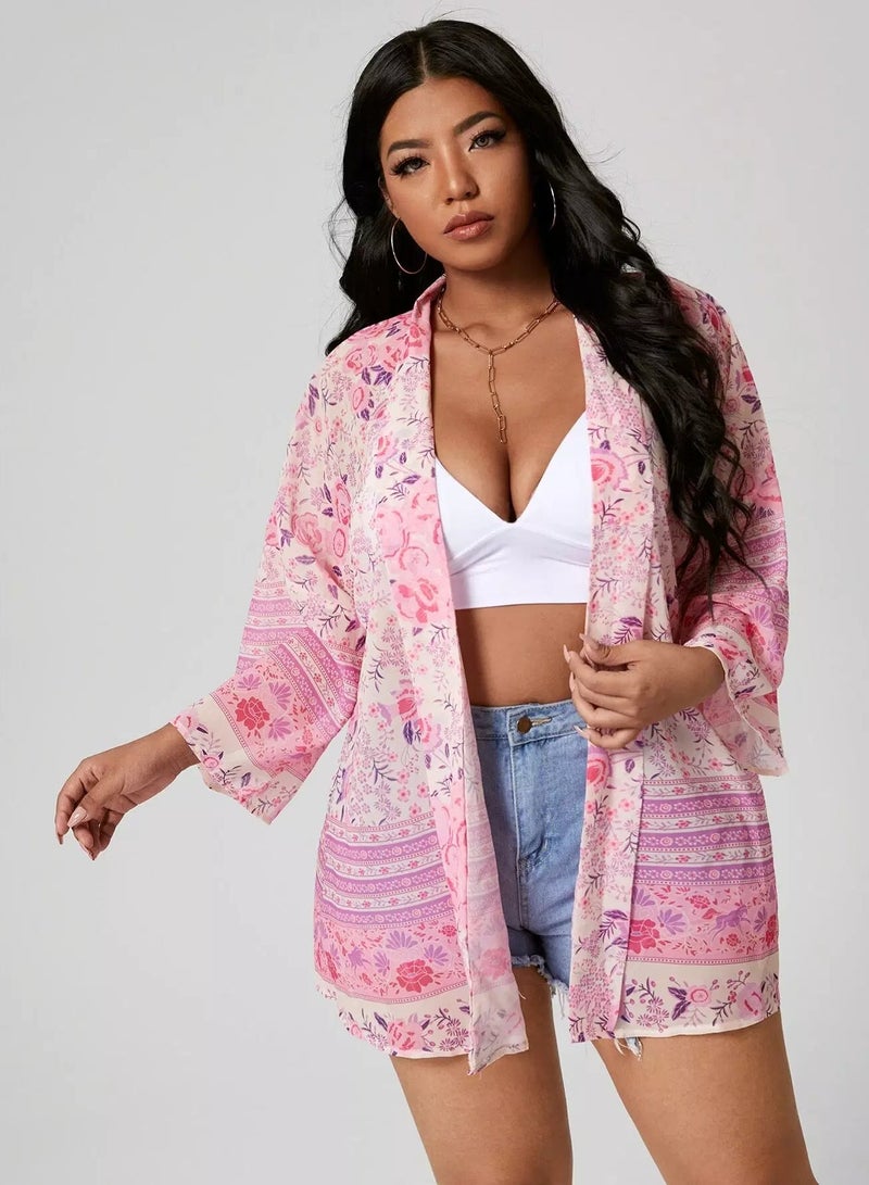 Plus Floral Print Batwing Sleeve Kimono - Image 2