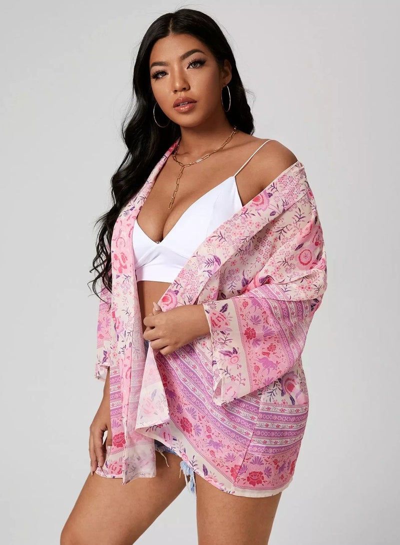 Plus Floral Print Batwing Sleeve Kimono - Image 4