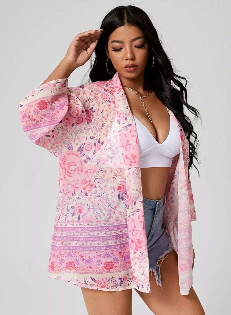 Plus Floral Print Batwing Sleeve Kimono - Image 5