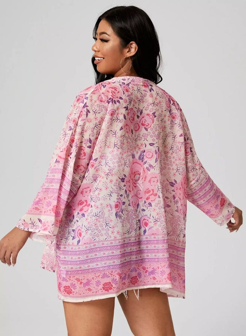 Plus Floral Print Batwing Sleeve Kimono - Image 3