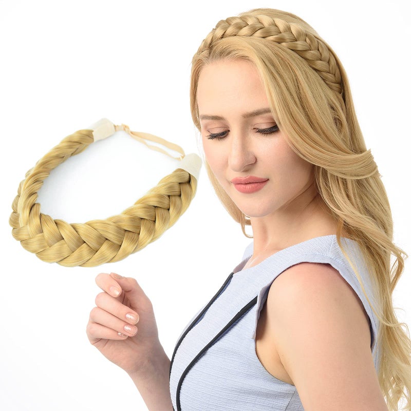 DIGUAN Huge 2 Strands Thick Synthetic Hair Braided Headband Classic Chunky Plaited Braids Elastic Stretch Hairpiece Women Girl Beauty accessory 4oz Honey Blonde