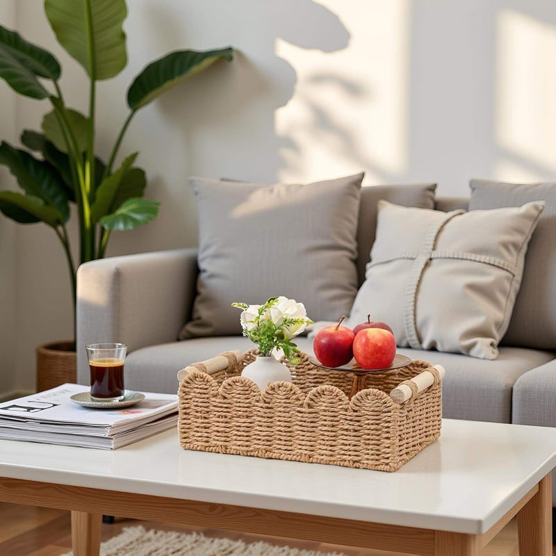 CubesLand Paper Rope Scalloped Edge Toilet Paper Storage Basket, Small Living Room, Bedroom Decor Baskets for Over Toilet Storage Shelf, End Table, Shelves and More, with 2 Wooden Handle, Neutral - Image 3