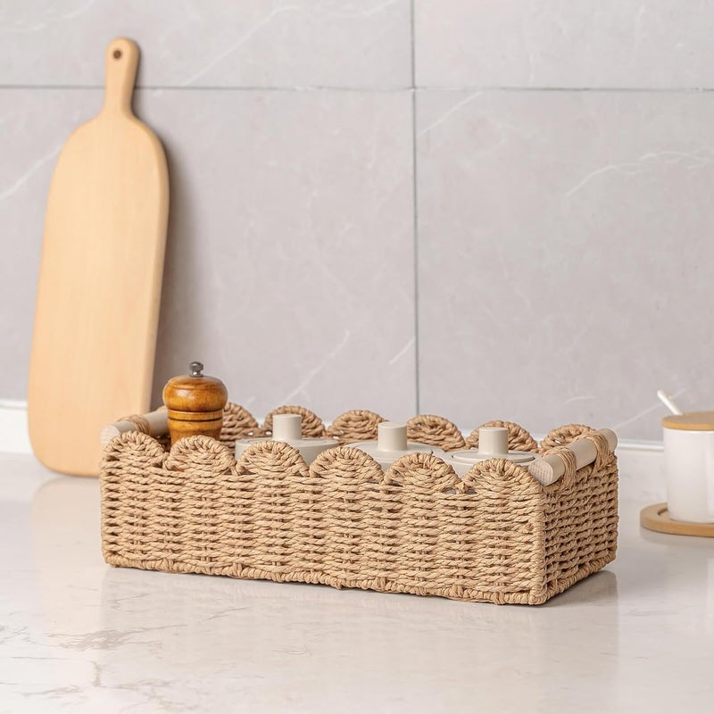 CubesLand Paper Rope Scalloped Edge Toilet Paper Storage Basket, Small Living Room, Bedroom Decor Baskets for Over Toilet Storage Shelf, End Table, Shelves and More, with 2 Wooden Handle, Neutral - Image 5