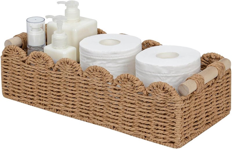 CubesLand Paper Rope Scalloped Edge Toilet Paper Storage Basket, Small Living Room, Bedroom Decor Baskets for Over Toilet Storage Shelf, End Table, Shelves and More, with 2 Wooden Handle, Neutral - Image 1