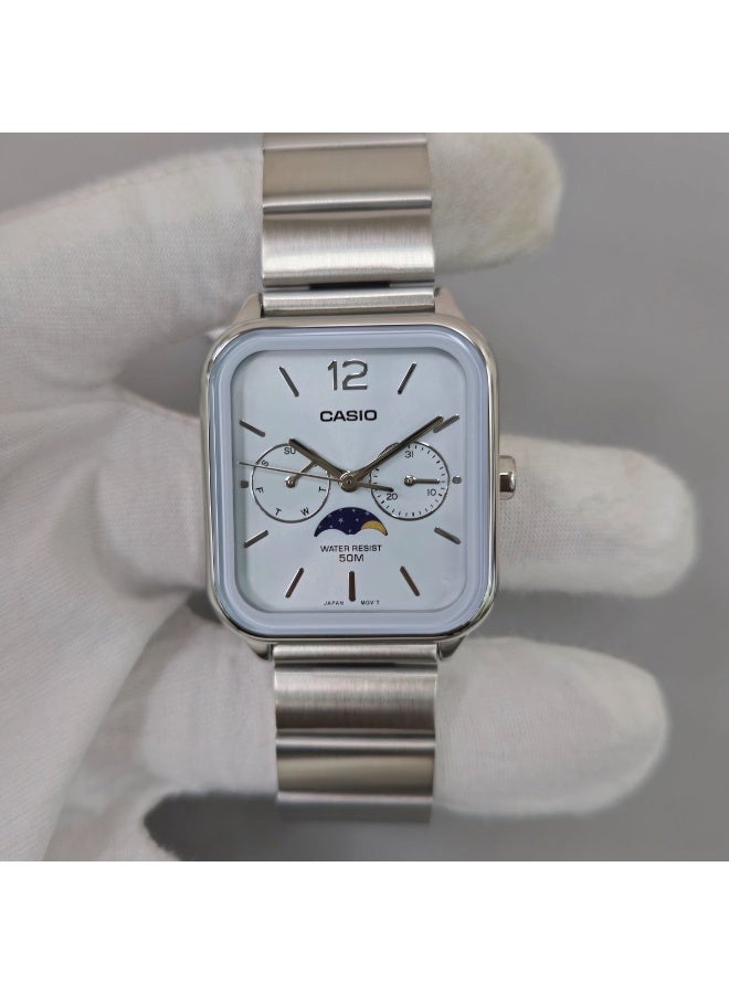 CASIO ساعة كاسيو MTP-M305D-2AVDF التناظرية بمرحلة القمر للرجال بقرص أزرق حزام من الفولاذ المقاوم للصدأ مقاومة للماء حتى 50 متر كواتز متعددة الوظائف يوم تاريخ مرحلة القمر - Image 2