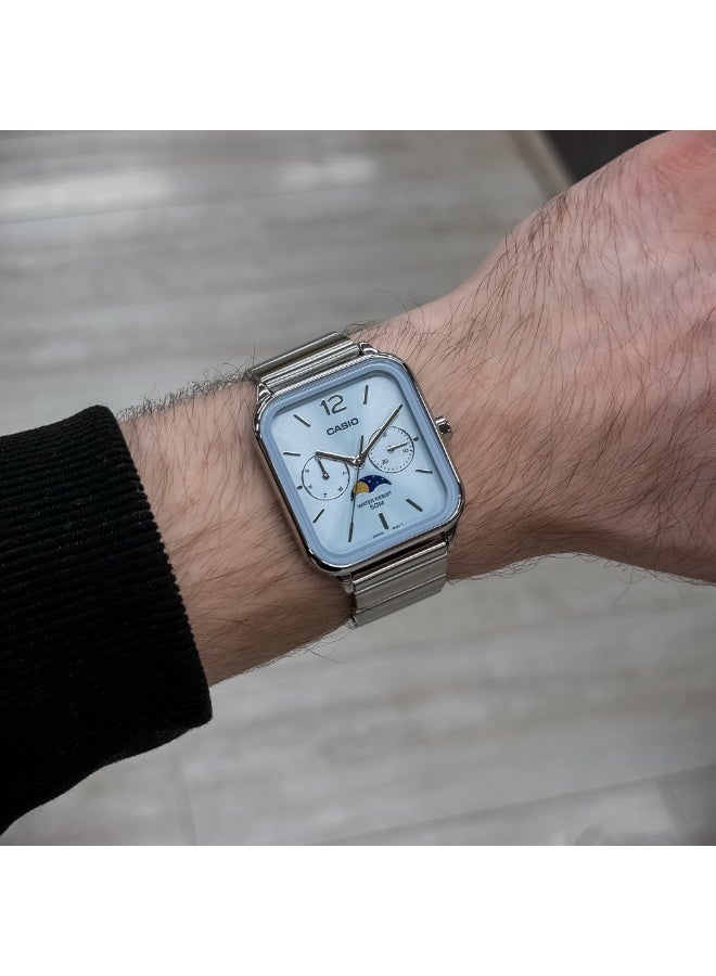 CASIO ساعة كاسيو MTP-M305D-2AVDF التناظرية بمرحلة القمر للرجال بقرص أزرق حزام من الفولاذ المقاوم للصدأ مقاومة للماء حتى 50 متر كواتز متعددة الوظائف يوم تاريخ مرحلة القمر - Image 3