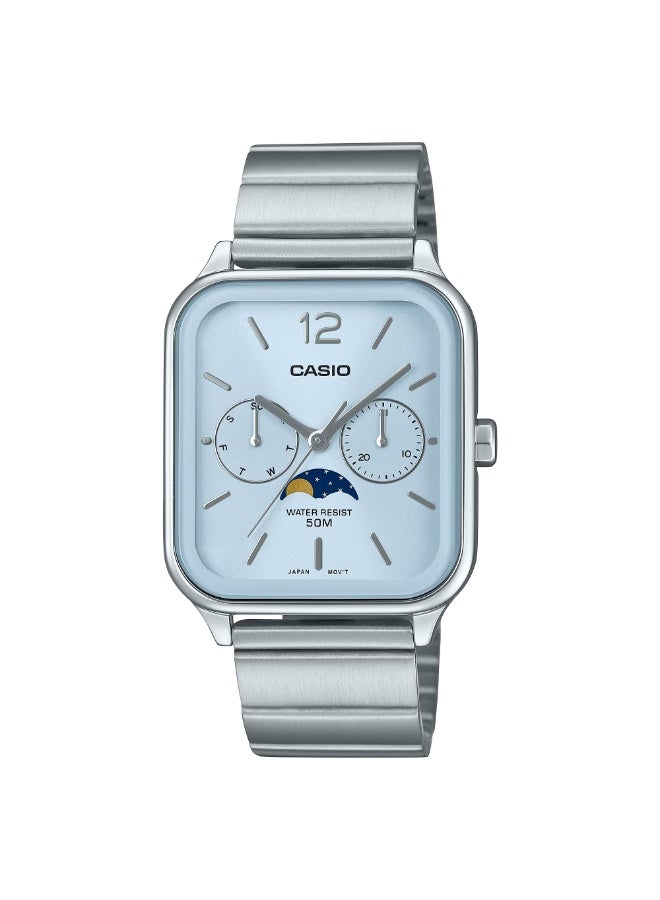 CASIO ساعة كاسيو MTP-M305D-2AVDF التناظرية بمرحلة القمر للرجال بقرص أزرق حزام من الفولاذ المقاوم للصدأ مقاومة للماء حتى 50 متر كواتز متعددة الوظائف يوم تاريخ مرحلة القمر - Image 1