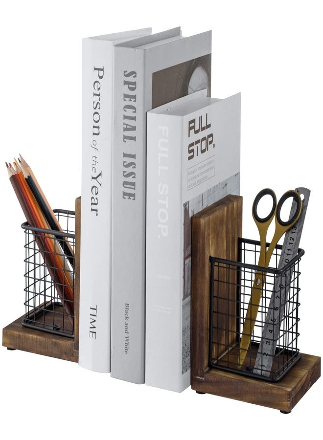 ماي جيفت فواصل كتب MyGift للمكتب، فواصل كتب ريفية مزخرفة للكتب الثقيلة مع حاملات أقلام، سلال تخزين لوازم مكتبية، سلة من الخشب المحروق الريفي وسلك معدني أسود غير لامع، زوج واحد - Image 1