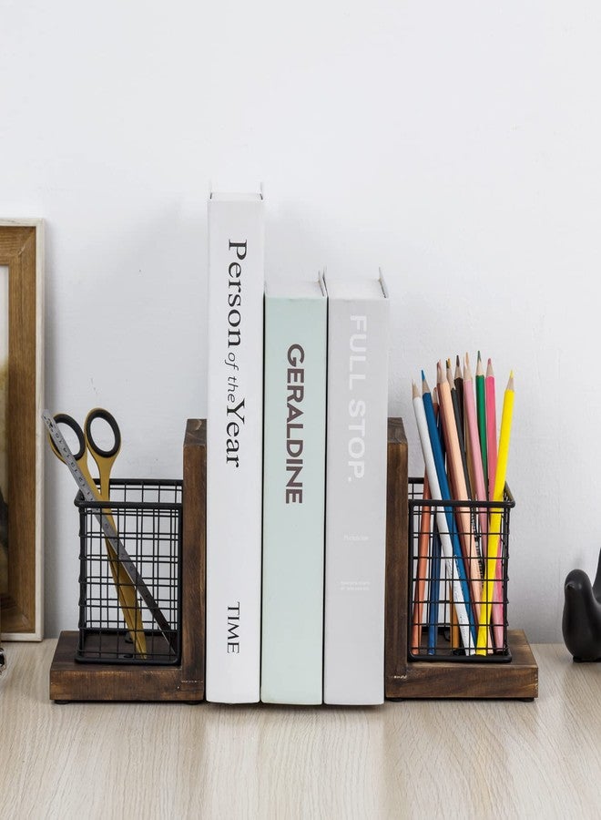 ماي جيفت فواصل كتب MyGift للمكتب، فواصل كتب ريفية مزخرفة للكتب الثقيلة مع حاملات أقلام، سلال تخزين لوازم مكتبية، سلة من الخشب المحروق الريفي وسلك معدني أسود غير لامع، زوج واحد - Image 2