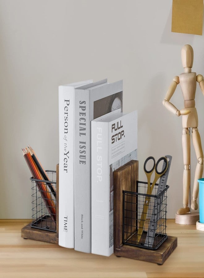 ماي جيفت فواصل كتب MyGift للمكتب، فواصل كتب ريفية مزخرفة للكتب الثقيلة مع حاملات أقلام، سلال تخزين لوازم مكتبية، سلة من الخشب المحروق الريفي وسلك معدني أسود غير لامع، زوج واحد - Image 4